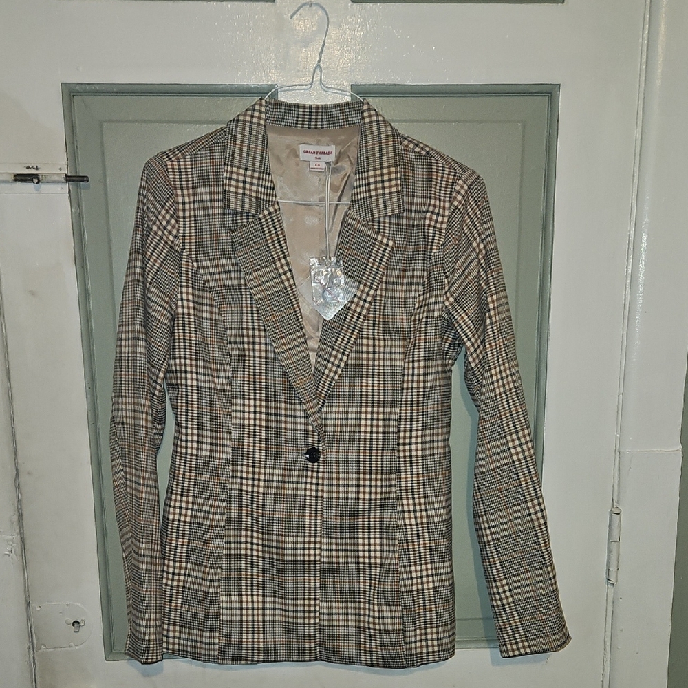 Checked Single-Button Blazer in Beige and Brown